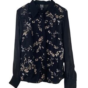Worthington Blouse Women's Large Semi-Sheer Embroidered Sequins Floral Collared